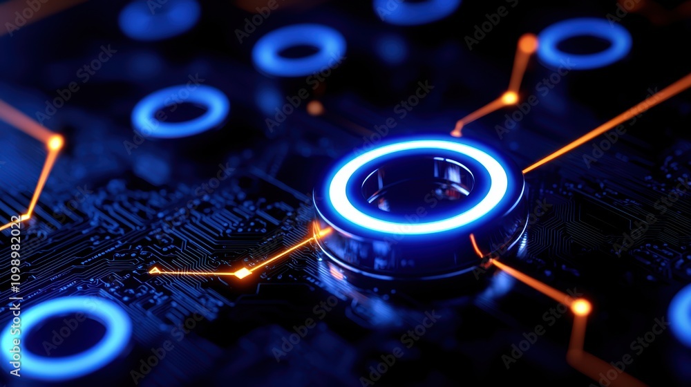 Poster close-up of a futuristic circuit board with glowing elements and intricate designs.