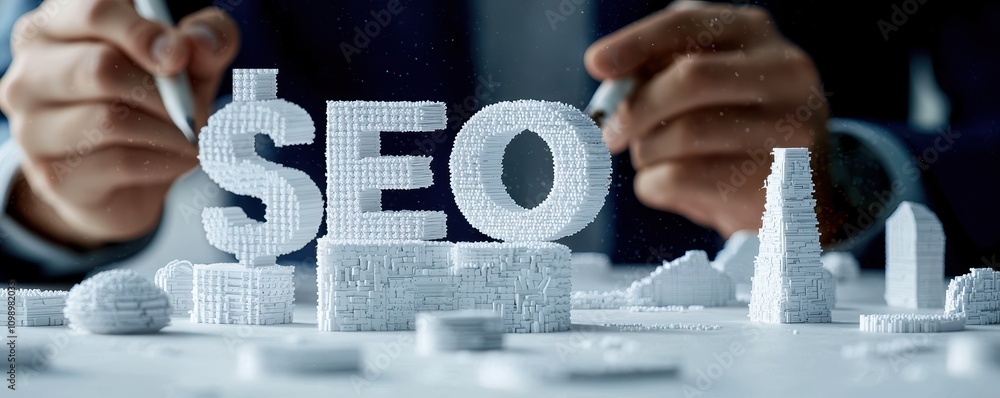 Poster businessman working on seo strategies with model structures and dollar sign.