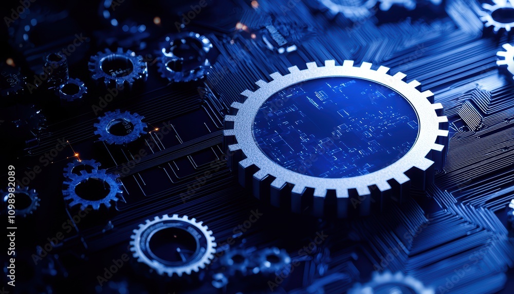 Poster close-up of a mechanical gear on a blue digital background with intricate circuit patterns.