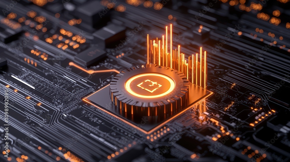 Poster close-up of a modern microchip on a circuit board with glowing elements.