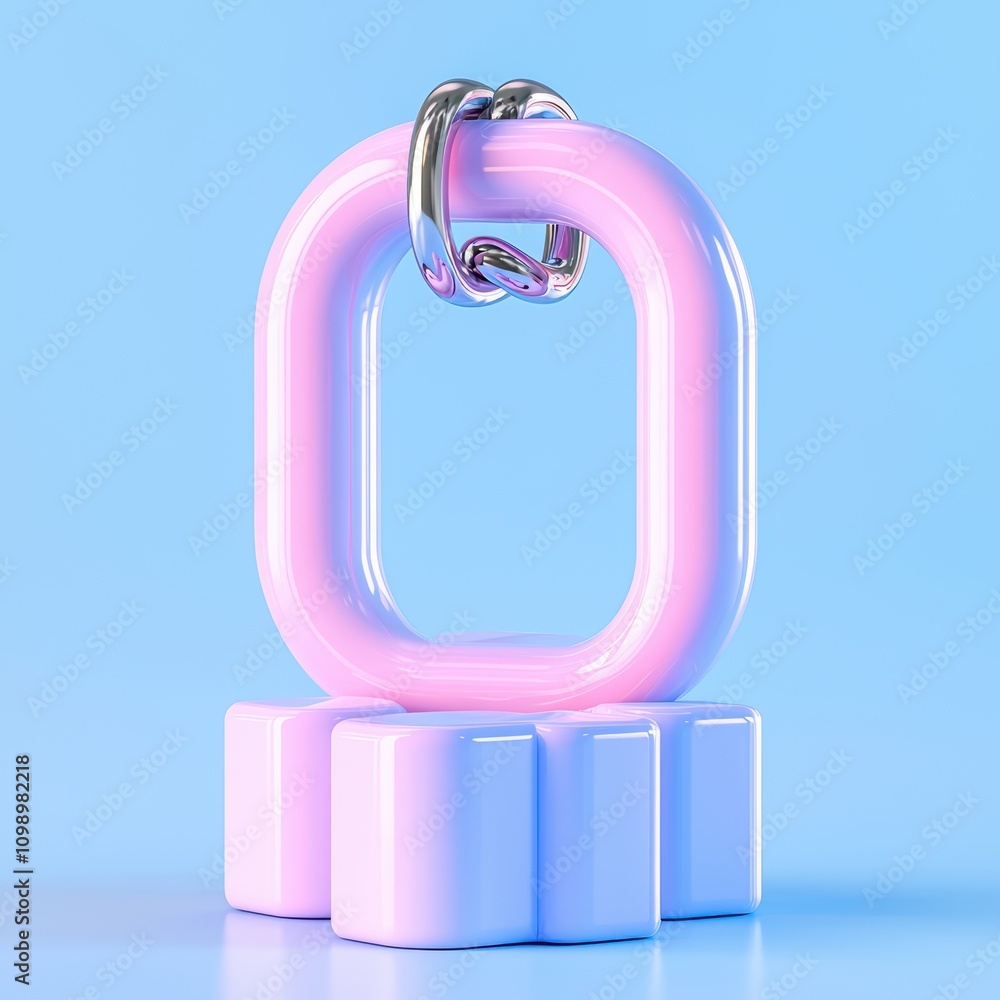 Poster colorful 3d rendering of a chain link resting on geometric shapes against a blue background.