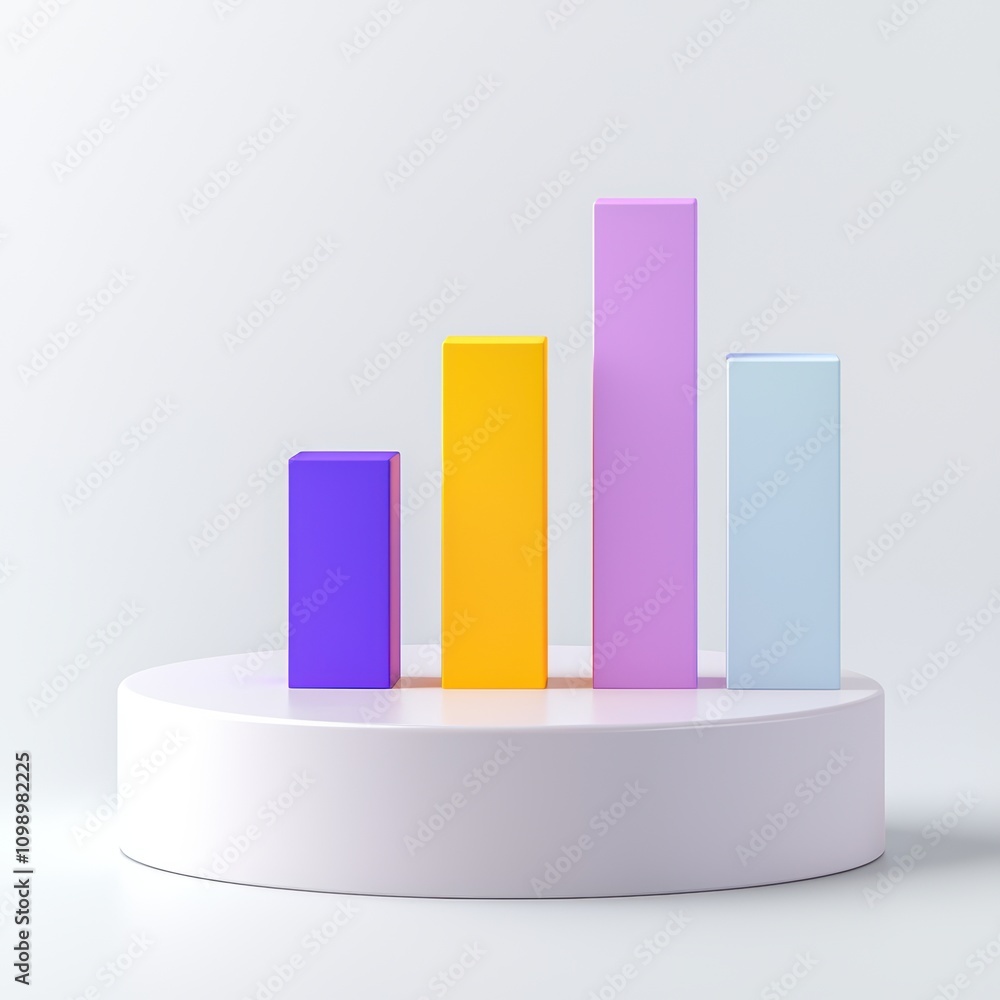 Poster colorful bar graph representing business growth and analytics on a circular platform.