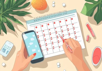 Menstrual Cycle Tracking Calendar with Female Hands Writing and Health Elements