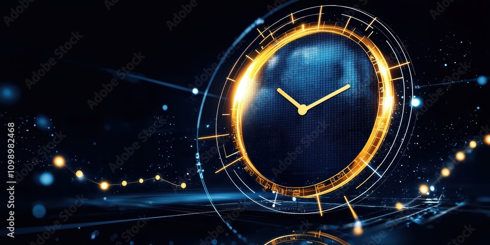 Poster futuristic clock design with glowing elements on a dark background, representing time.