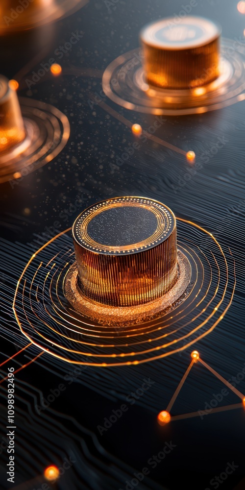 Poster futuristic circuit board with glowing elements and intricate design details.