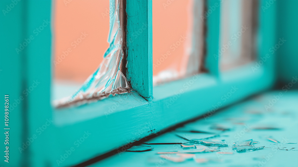 Poster broken window with shards of glass scattered on turquoise surface