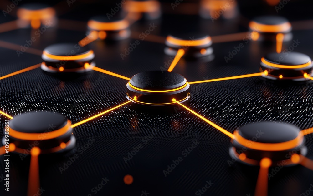 Poster futuristic interconnected nodes with glowing orange lines on a dark background.