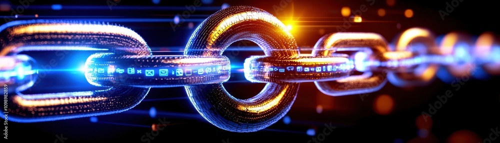 Poster futuristic glowing chain link representing modern connectivity and blockchain technology.
