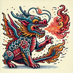 Fototapeta premium Vibrant, colorful, stylized dragon illustration with intricate details, spouting fire.