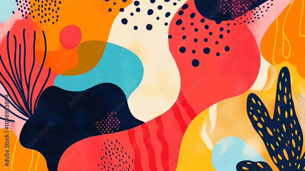Poster abstract art with colorful, free-form shapes and patterns.
