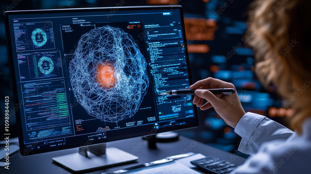 Poster cybersecurity expert analyzing data on computer screen, showcasing threat intelligence