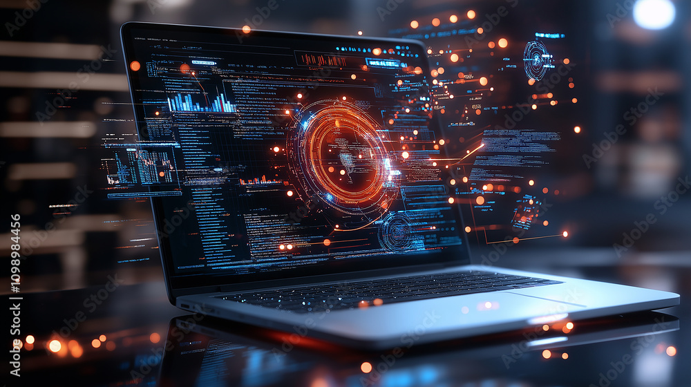 Aufkleber cybersecurity data analysis on laptop with glowing graphics
