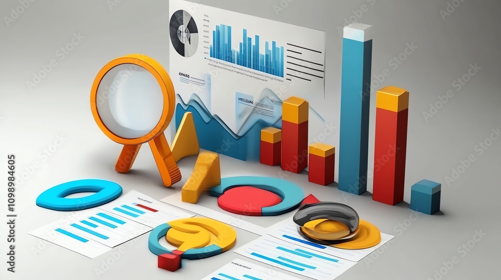 Poster a 3d render of a magnifying glass over a pie chart and bar graph.