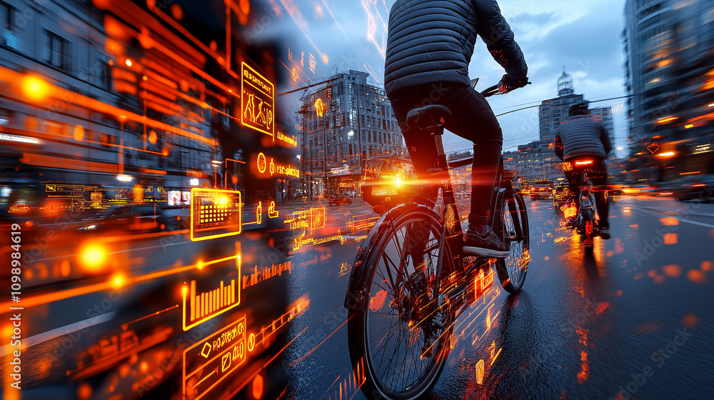 Poster urban cyclists riding at night with digital effects and data visualization