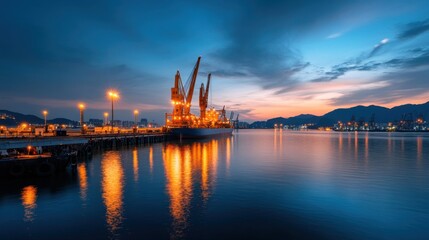 Naklejka premium Serene Evening View of Industrial Port with Cranes Illuminated by Warm Lights Reflecting on Calm Water Under a Beautiful Twilight Sky