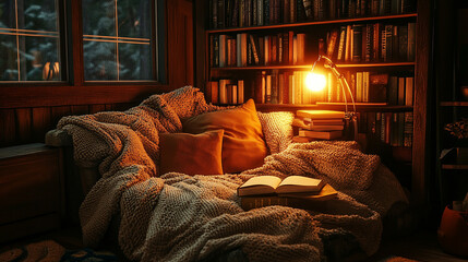 A cozy reading nook with soft blankets and warm light