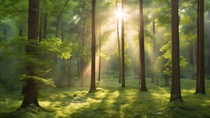 Obraz premium AI GENERATE, Serene forest background with soft sunlight streaming through tall trees and lush green foliage