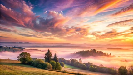 Fototapeta premium Serene Sunrise Over Misty Valley with Rolling Hills and Lush Green Fields
