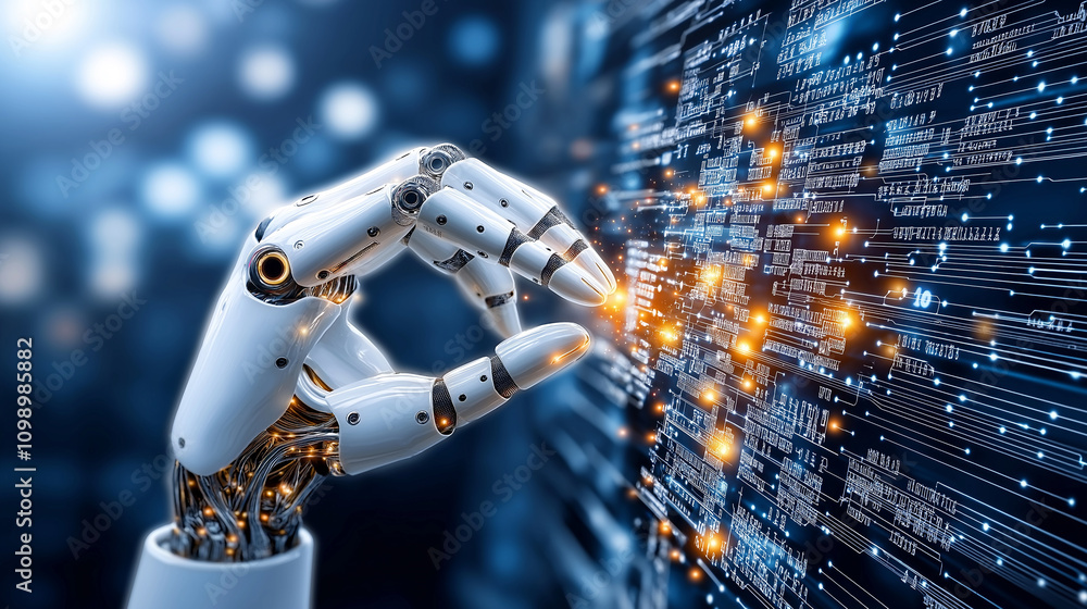 Poster robotic hand interacting with digital data and technology