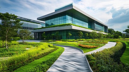 Fototapeta premium 11.A green hospital building with a modern, eco-friendly design, featuring rooftop gardens, solar panels, and sustainable construction materials. The hospitalâ€™s sleek design is surrounded by lush