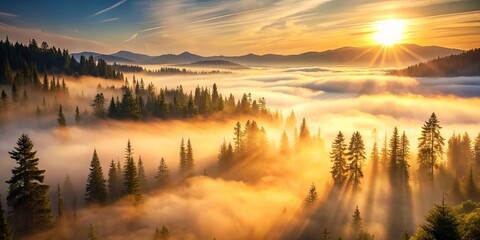 Obraz premium Golden Sunrise Rays Illuminating a Misty Evergreen Forest Landscape