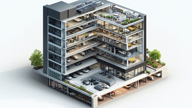 57.An isometric cutaway of a tall office building, showing a flat roof with mechanical equipment and a detailed view of the interior office spaces. The underground section includes a basement parking