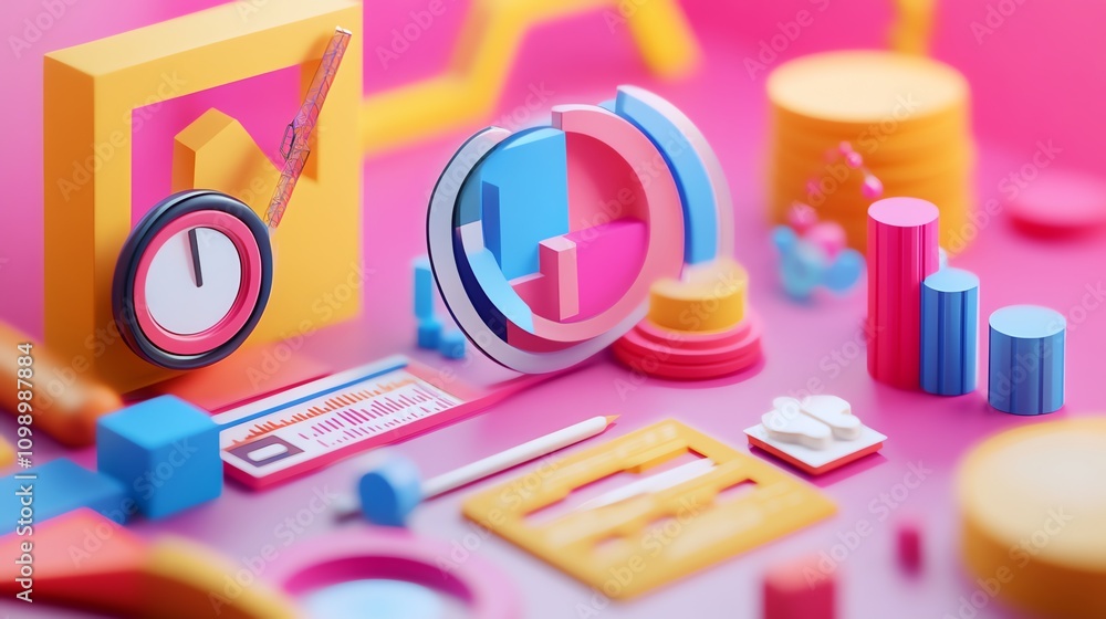 Aufkleber a 3d illustration of data charts and graphs, surrounded by colorful abstract shapes.