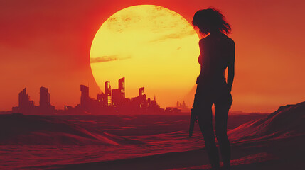 Fototapeta premium Dune style dystopian wallpaper art, futuristic city landscape, decay sunset, nomad survivor woman, sci-fi science fiction parallel universe planet game poster artwork, desert. Dystopian. Illustration