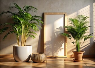 Fototapeta premium Elegant Scandinavian Interior with Empty Wooden Frame Mockup, Sunlit Palm Plant in Organic Pot, Perfect for Home Design Inspiration and Night Photography Aesthetics
