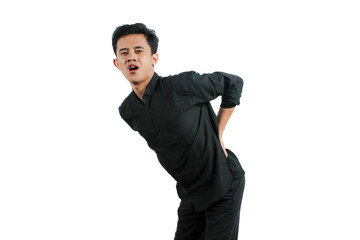 Asian man back pain pain expression isolated white background