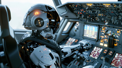 AI Robot Pilot in Futuristic Cockpit of a High-Tech Airplane with Interactive Controls and Digital Displays