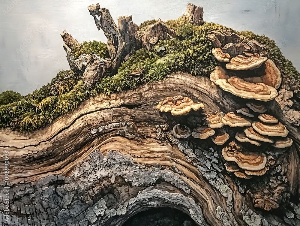 Poster Close-up of a decaying log covered in moss and shelf fungi.