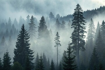 Fototapeta premium Towering dark spruce trees surrounded by thick fog, mysterious landscape, misty woods, dark atmosphere, coniferous forest