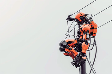 Autonomous AI Robot Electrician Working on Power Lines at Heights on a Utility Pole in Futuristic Power Grid