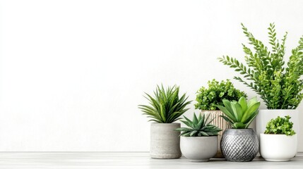 Fototapeta premium Fresh Green Plants in Elegant Pots on Light Background