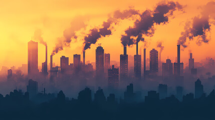 Fototapeta premium A silhouette of a city skyline obscured by a thick layer of smog, creating a sense of dystopian atmosphere. Dystopian. Illustration