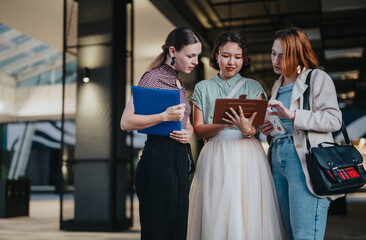 Three international business professionals engage in a collaborative discussion using digital devices in a modern urban city setting, showcasing teamwork and diversity in the workplace.