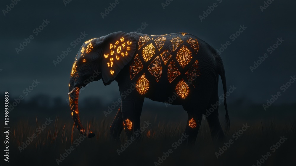 Poster Elephant with Intricate Patterns Illuminated at Dusk in Nature