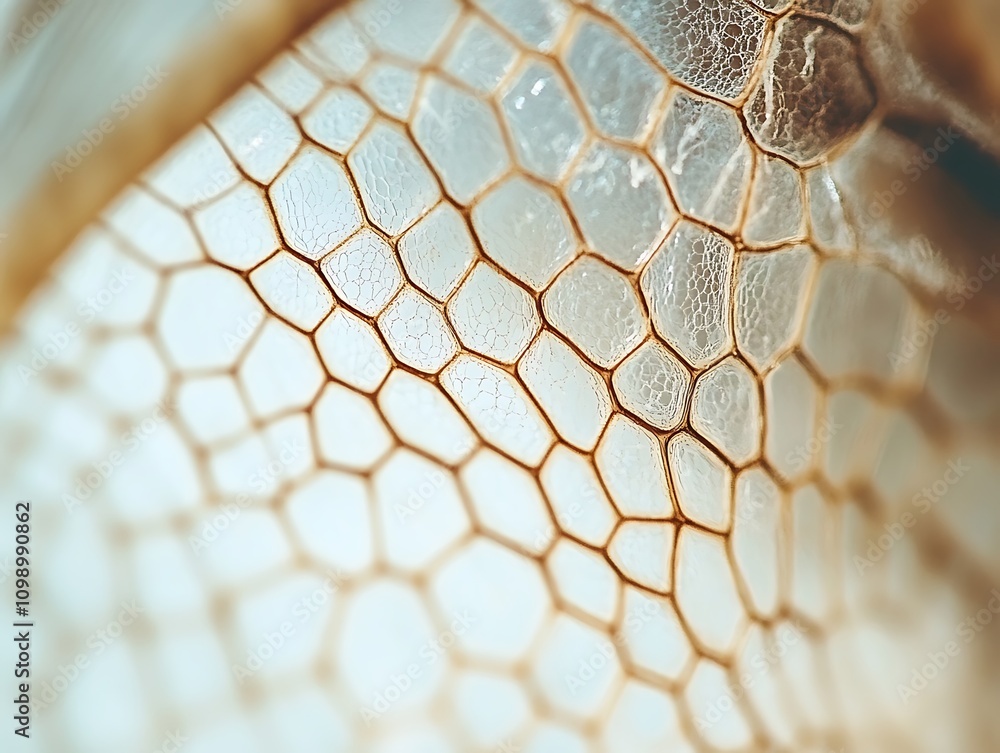Poster close-up of a dragonfly's wing, showcasing its intricate, hexagonal vein structure.