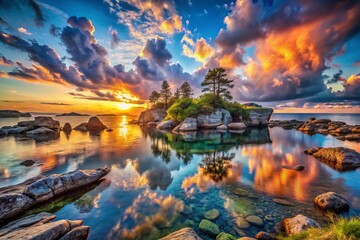 Fototapeta premium Enigmatic Landscape at Neis Point: A Surreal Exploration of Nature's Beauty with Dramatic Skies and Ethereal Light