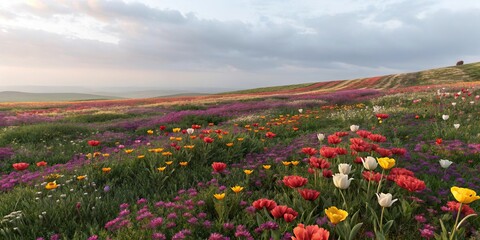 Fototapeta premium Vibrant blooming flowers in a field, wildflower meadow, colorful blooms, sunny landscape, flower field, vibrant colors