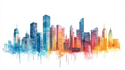 Obraz premium 18.A vibrant city skyline with modern skyscrapers and sleek office buildings, set against a white background. The buildings are designed with glass and steel, capturing the essence of a contemporary