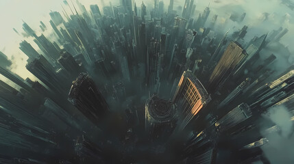An intense birds-eye perspective of a futuristic dystopian metropolis. Dystopian. Illustration