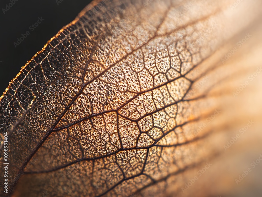 Aufkleber close-up of a dried leaf, showcasing its intricate vein structure and translucent texture.