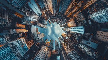 Capture a dystopian cityscape from a unique worms-eye view. Dystopian. Illustration