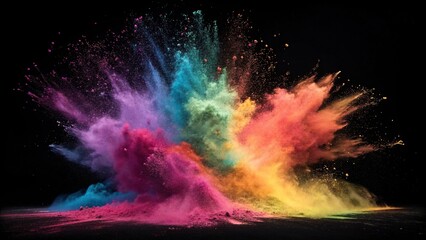 Fototapeta premium Vibrant colored powder explosion on black background with swirling motion, confetti, dynamic