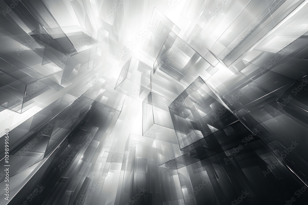 Poster abstract graphic design with multiple intersecting transparent and reflective surfaces creating the 