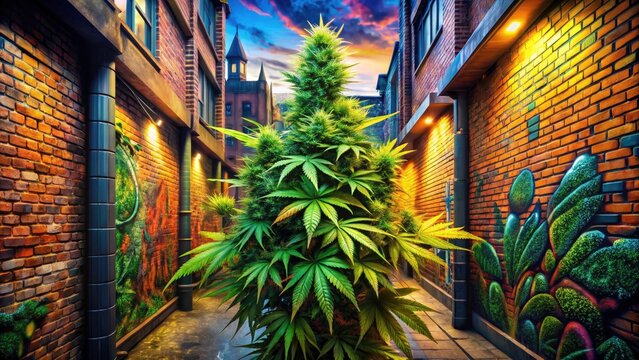 Urban Exploration Photography of Round Jack Herer Marijuana Strain Clipart with Vibrant Colors and Detailed Texture for Cannabis Culture Visuals