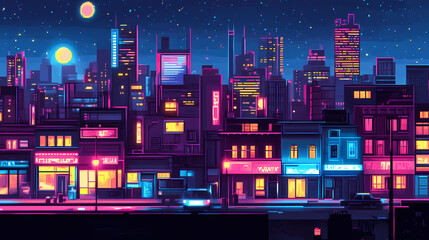 Fototapeta premium Cyberpunk city buildings sci fi futuristic wasteland cyber slums at night. neon signs dystopian town ghetto urban downtown business and houses night life. Dystopian. Illustration