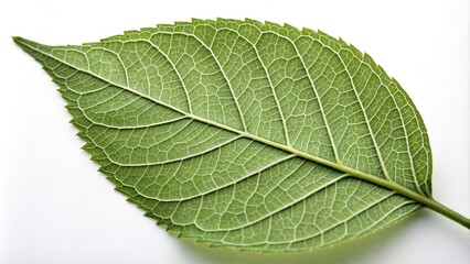 Fototapeta premium A close-up shot of a leaf with detailed veins and ridges against a simple white background, closeup, detail, photography, leaf, botanical